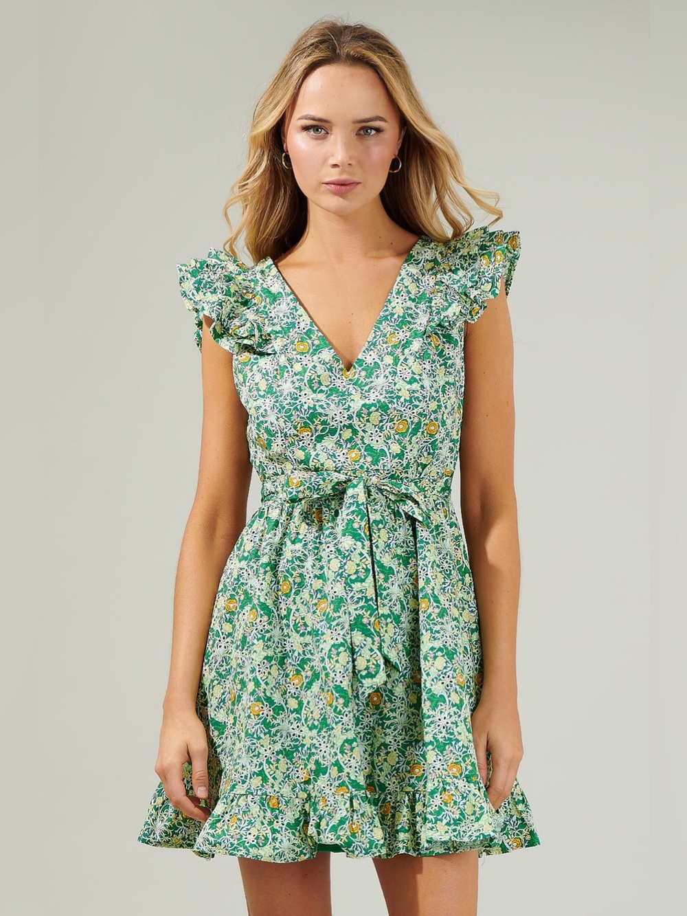 Sugarlips Green Floral V-Neck Tie-Waist Ruffle Dress NWT